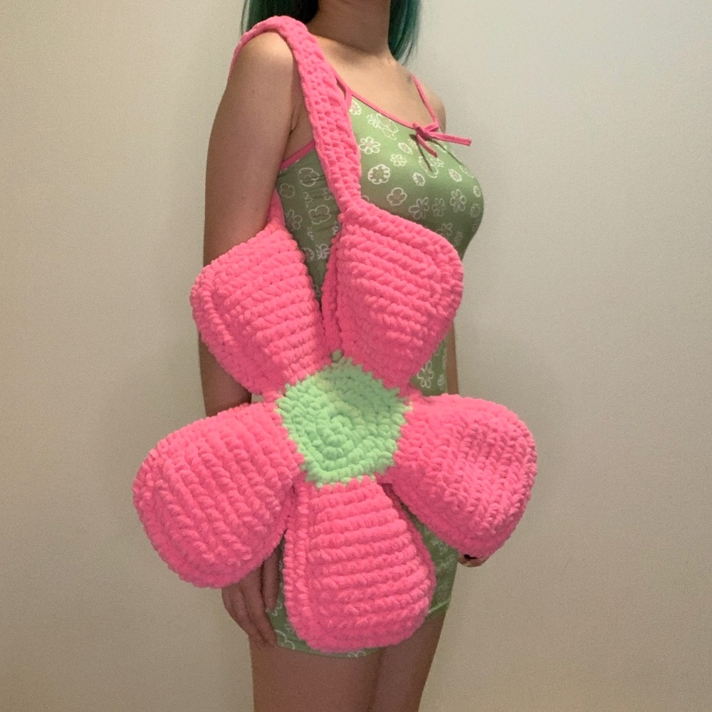 Handmade Knit Crochet Hot Pink Bright Green Flower Tote Bag Daisy Purse Y2k